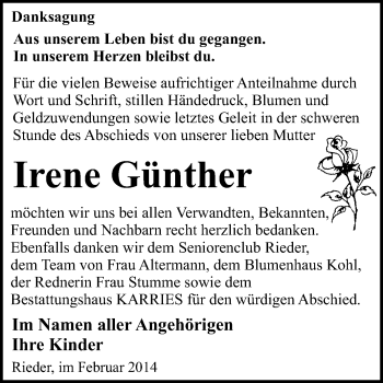 Traueranzeige von Irene Günther von WVG - Wochenspiegel Quedlinburg