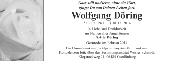 Traueranzeige von Wolfgang Döring von WVG - Wochenspiegel Quedlinburg