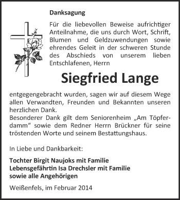 Traueranzeige von Siegfried Lange von WVG - Wochenspiegel NMB / WSF / ZTZ