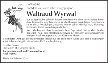Traueranzeige von Waltraud Wyrwal von WVG - Wochenspiegel Quedlinburg