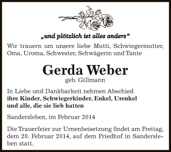 Traueranzeige von Gerda Weber von Super Sonntag SGH Mansf. Land