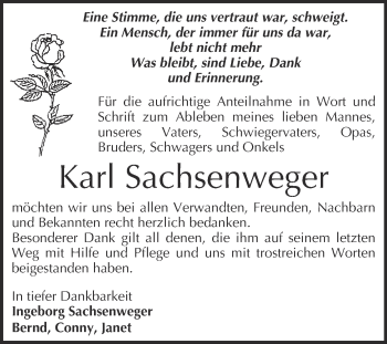 Traueranzeige von Karl Sachsenweger von WVG - Wochenspiegel NMB / WSF / ZTZ