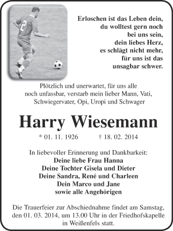 Traueranzeige von Harry Wiesemann von WVG - Wochenspiegel NMB / WSF / ZTZ