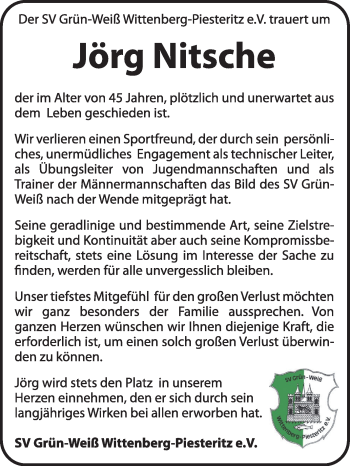 Traueranzeige von Jörg Nitsche von Super Sonntag Wittenberg