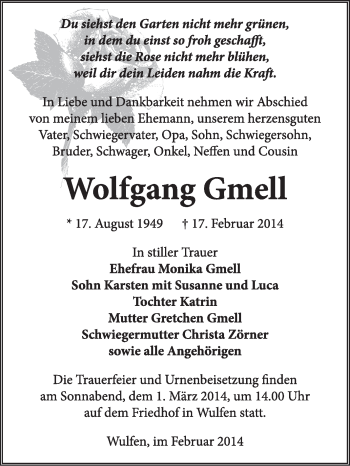 Traueranzeige von Wolfgang Gmell von Super Sonntag Dessau / Köthen