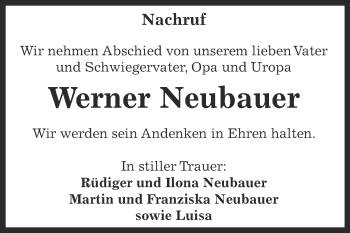Traueranzeige von Werner Neubauer von Super Sonntag Aschersleben