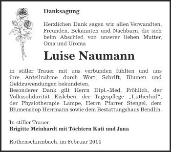 Traueranzeige von Luise Naumann von WVG - Wochenspiegel SGH