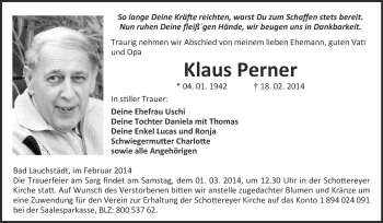 Traueranzeige von Klaus Perner von WVG - Wochenspiegel Merseburg