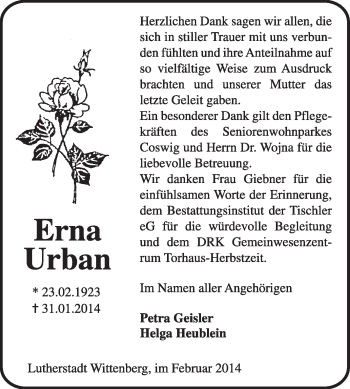 Traueranzeige von Erna Urban von WVG - Wochenspiegel Wittenberg