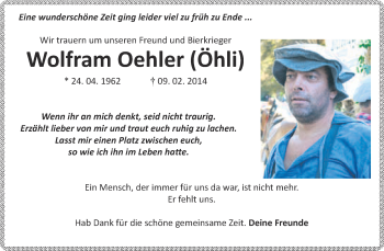 Traueranzeige von Wolfram Oehler von WVG - Wochenspiegel NMB / WSF / ZTZ