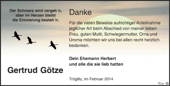Traueranzeige von Gertrud Götze von Super Sonntag Zeitz