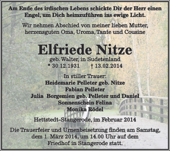 Traueranzeige von Elfriede Nitze von Super Sonntag SGH Mansf. Land