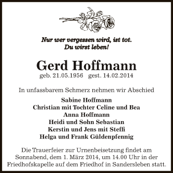 Traueranzeige von Gerd Hoffmann von Super Sonntag SGH Mansf. Land