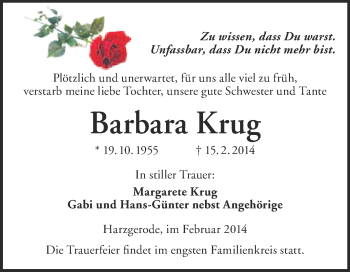 Traueranzeige von Barbara Krug von WVG - Wochenspiegel Quedlinburg