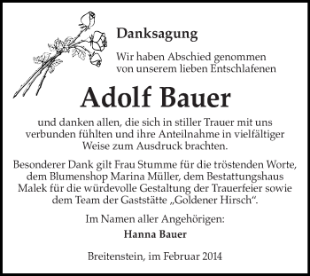 Traueranzeige von Adolf Bauer von WVG - Wochenspiegel Quedlinburg