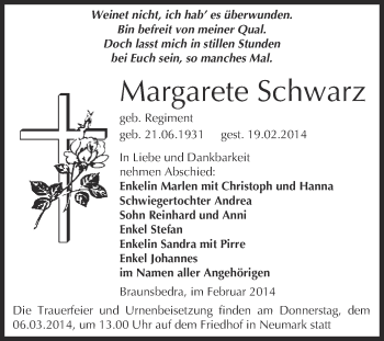 Traueranzeige von Margarete Schwarz von WVG - Wochenspiegel Merseburg