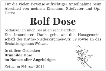 Traueranzeige von Rolf Dose von Super Sonntag Zeitz