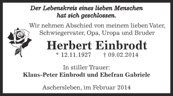 Traueranzeige von Herbert Einbrodt von WVG - Wochenspiegel Aschersleben