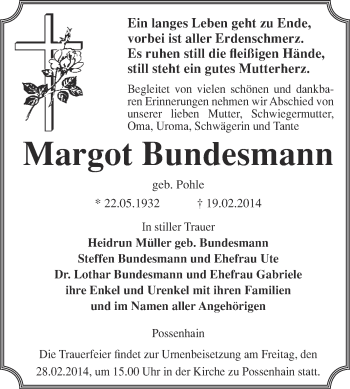 Traueranzeige von Margot Bundesmann von WVG - Wochenspiegel NMB / WSF / ZTZ