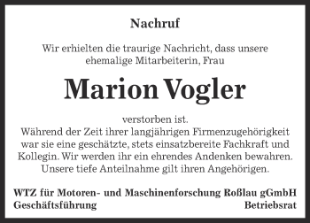 Traueranzeige von Marion Vogler von WVG - Wochenspiegel Dessau / Köthen