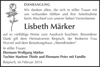 Traueranzeige von Lisbeth Märker von WVG - Wochenspiegel Merseburg
