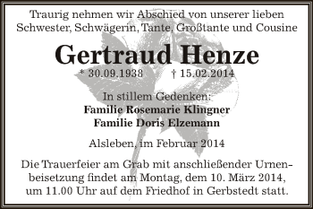 Traueranzeige von Gertraud Henze von Wochenspiegel Mansfelder Land