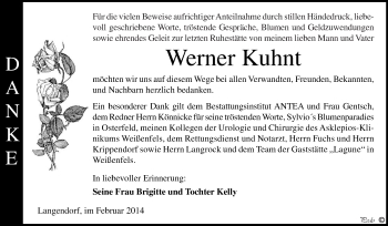 Traueranzeige von Werner Kuhnt von WVG - Wochenspiegel NMB / WSF / ZTZ