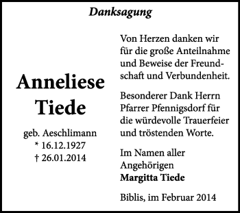 Traueranzeige von Anneliese Tiede von WVG - Wochenspiegel Wittenberg