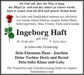 Traueranzeige von Ingeborg Haft von Super Sonntag Dessau / Köthen