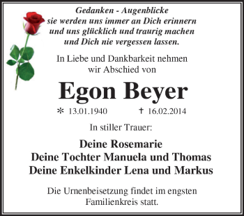 Traueranzeige von Egon Beyer von Super Sonntag Dessau / Köthen