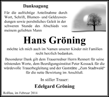 Traueranzeige von Hans Gröning von Super Sonntag Dessau / Köthen