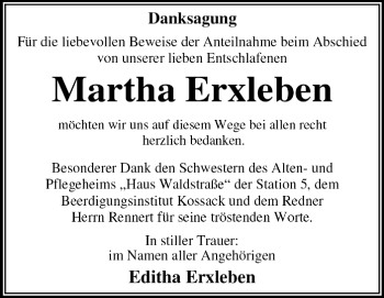 Traueranzeige von Martha Erxleben von Super Sonntag Dessau / Köthen