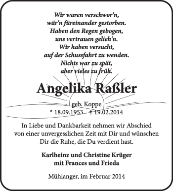 Traueranzeige von Angelika Raßler von WVG - Wochenspiegel Wittenberg