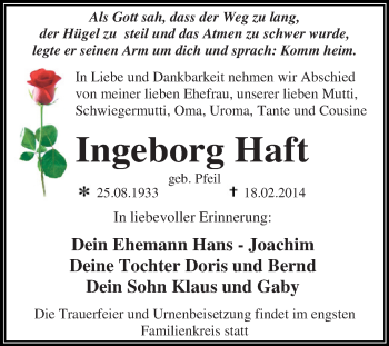 Traueranzeige von Ingeborg Haft von WVG - Wochenspiegel Dessau / Köthen