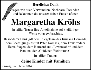 Traueranzeige von Margaretha Kröhs von Super Sonntag Dessau / Köthen