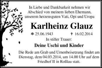 Traueranzeige von Karlheinz Glauz von Super Sonntag Dessau / Köthen