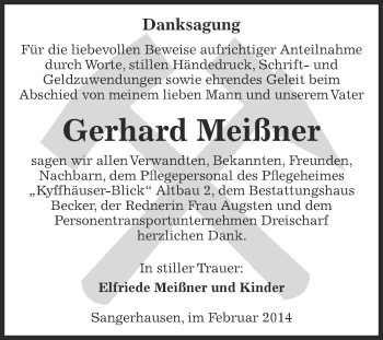 Traueranzeige von Gerhard Meißner von Super Sonntag SGH Mansf. Land