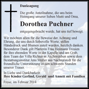 Traueranzeige von Dorothea Puchner von WVG - Wochenspiegel Aschersleben