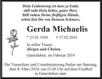 Traueranzeige von Gerda Michaelis von WVG - Wochenspiegel Aschersleben