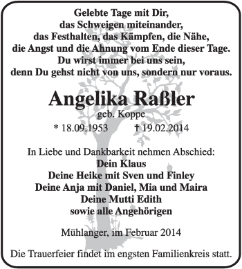 Traueranzeige von Angelika Raßler von WVG - Wochenspiegel Wittenberg