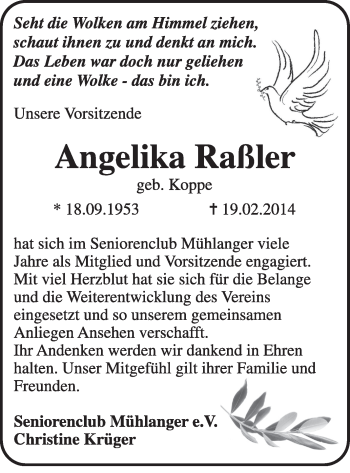 Traueranzeige von Angelika Raßler von WVG - Wochenspiegel Wittenberg