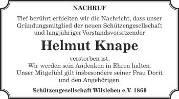 Traueranzeige von Helmut Knape von Super Sonntag Aschersleben
