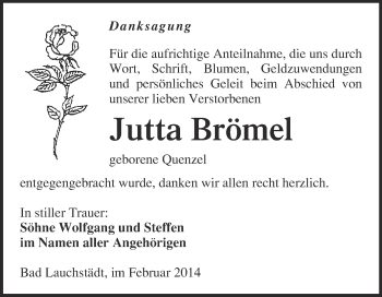 Traueranzeige von Jutta Brömel von WVG - Wochenspiegel Merseburg