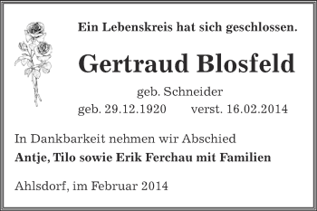 Traueranzeige von Gertraud Blosfeld von Wochenspiegel Mansfelder Land