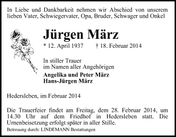 Traueranzeige von Jürgen März von Super Sonntag Quedlinburg