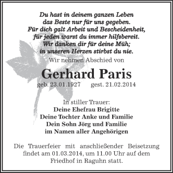 Traueranzeige von Gerhard Paris von WVG - Wochenspiegel Bitterfeld