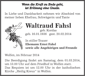 Traueranzeige von Waltraud Fahsl von WVG - Wochenspiegel Bitterfeld