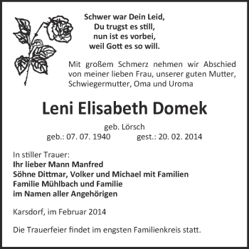 Traueranzeige von Leni Elisabeth Domek von WVG - Wochenspiegel NMB / WSF / ZTZ