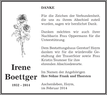 Traueranzeige von Irene Boettger von WVG - Wochenspiegel Aschersleben