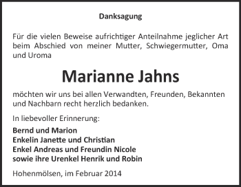 Traueranzeige von Marianne Jahns von WVG - Wochenspiegel NMB / WSF / ZTZ